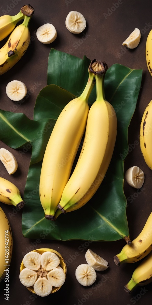 Banana fruits on dark. Top view flat lay