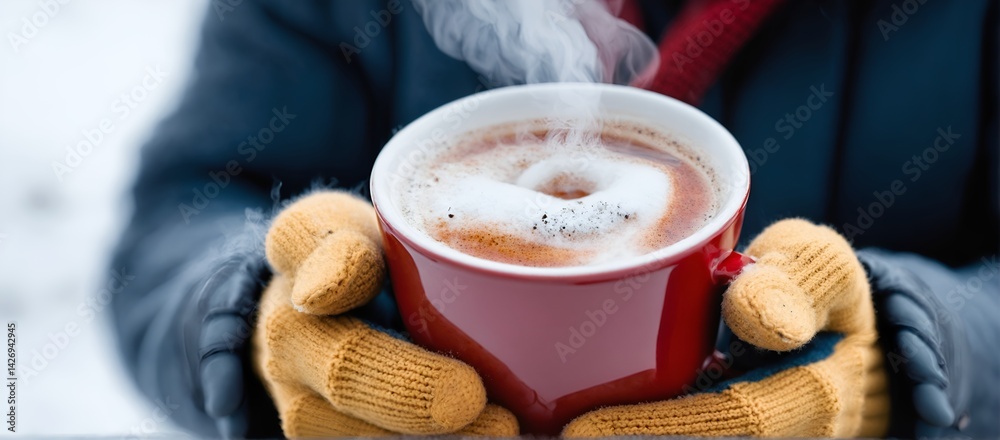 Mug of hot coffee in hands wearing warm mittens against backdrop of snow landscape. Warming drink for winter holiday. Generated AI