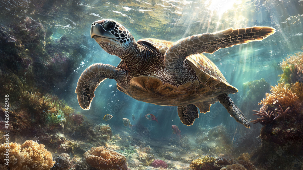 Obraz premium Sea Turtle Gliding Underwater with Sunlight Filtering Through, Coral Reef in Background