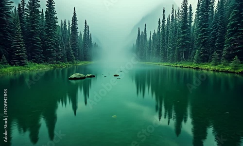 Forest lake. Trees reflecting on water. Mountains shrouded in fog