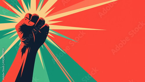 Empowered fist raised in defiance against colorful background  