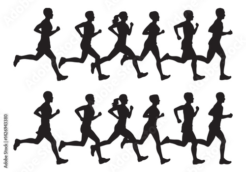 Silhouetted runners, people in motion, and the evolution of sport captured in a black vector illustration of running men and women