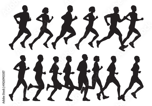 Silhouettes of a group of people, including a runner and dancers, are presented as a black vector illustration set depicting sport, fitness, and competition