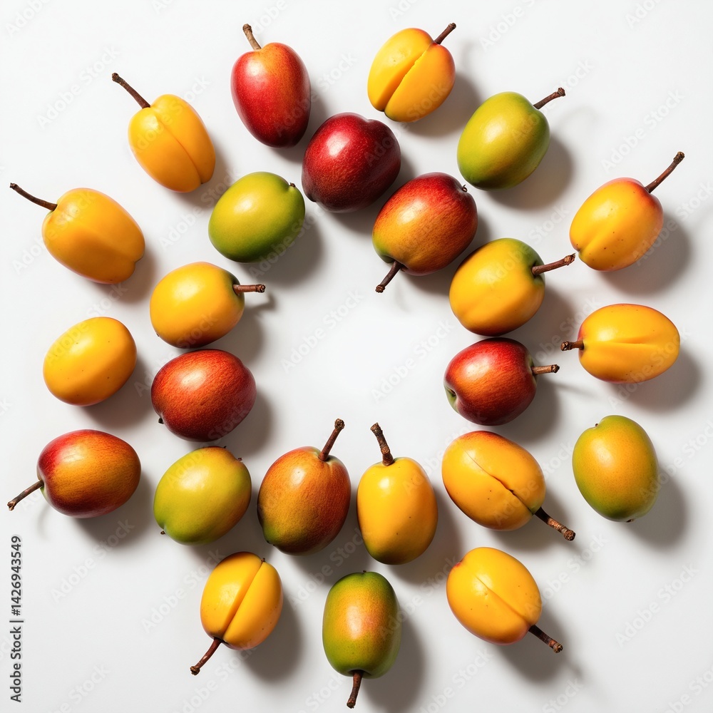 Fresh ripe mango fruits on white background. Top view