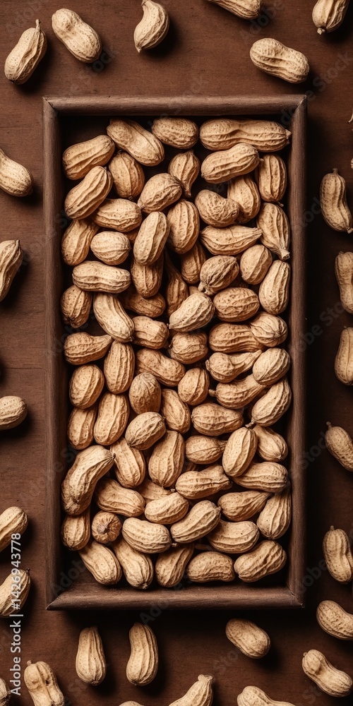 Peanuts on wooden dark table. Top view flat lay