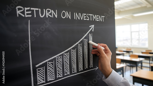Chalkboard diagram showing Return on Investment with an upward trending graph in a classroom setting.