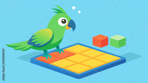 A curious parrot hops from one brightly colored tile to another guided by the verbal cues emanating from the interactive pet training mat honing its. Vector illustration