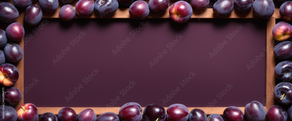 Fresh purple plum fruits on dark. Frame form with copy space, top view