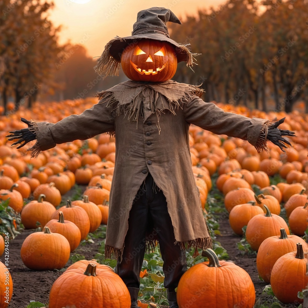 Halloween scarecrow in pumpkin field