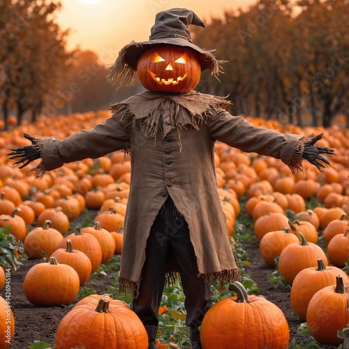 Obraz na płótnie Halloween scarecrow in pumpkin field w salonie