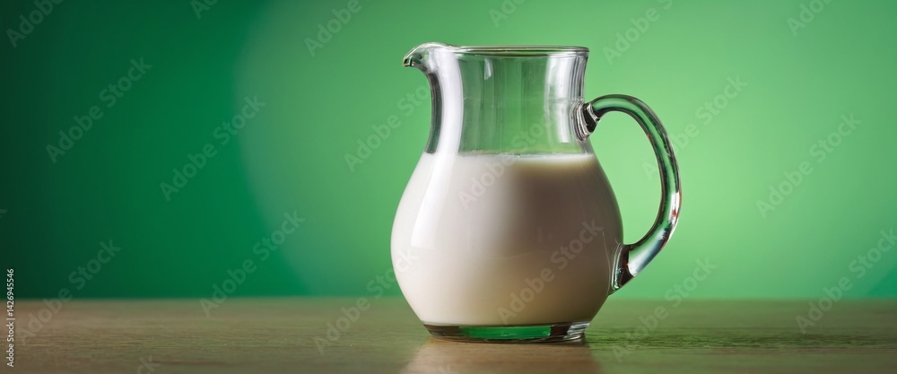 Milk in pitcher jug on green background.