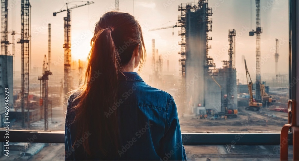 Construction worker looking out at building site.