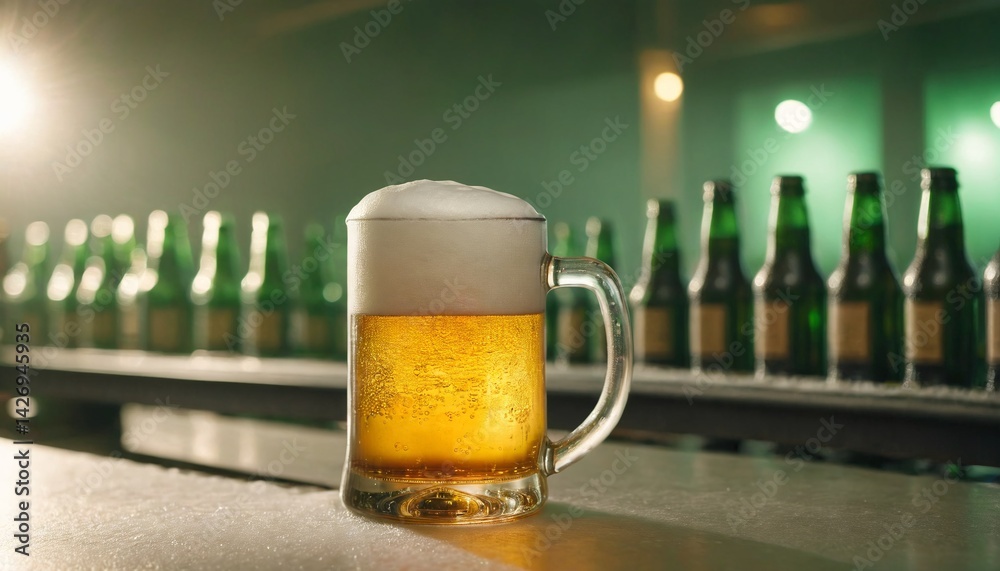Cold beer in glass on counter desk pub., a lots of bottles in the background. Generated AI