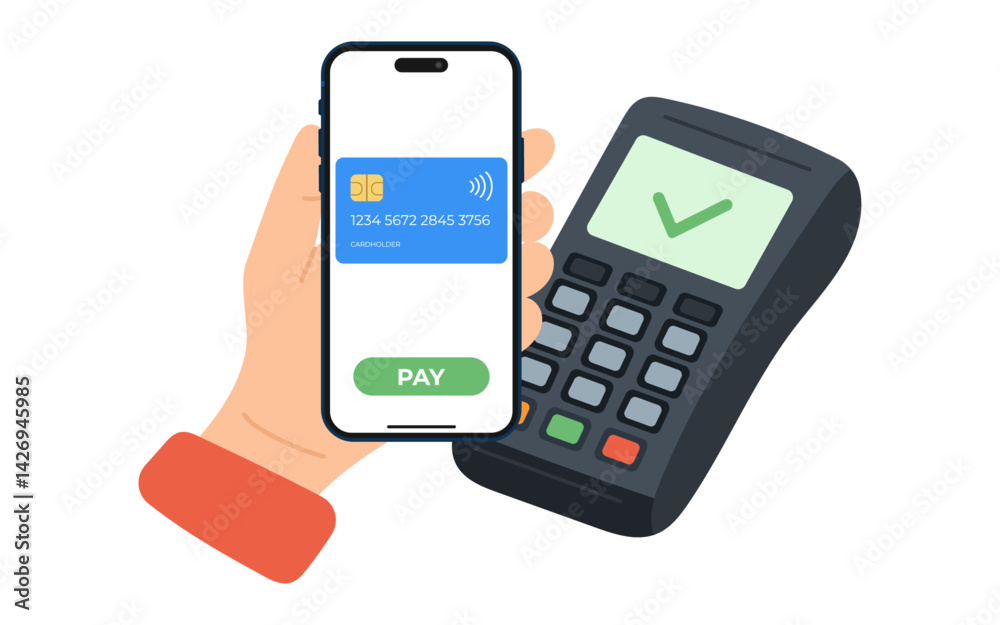 NFC technology contactless payment with smartphone and virtual credit card at POS terminal, flat vector illustration for digital wallets, mobile banking apps, tap to pay systems NFC technology contactless payment with smartphone and virtual credit card at POS terminal, flat vector illustration for digital wallets, mobile banking apps, tap to pay systems