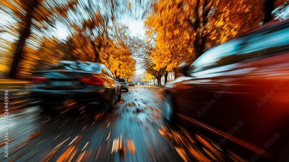 blurred view of city road in autumn and cars
