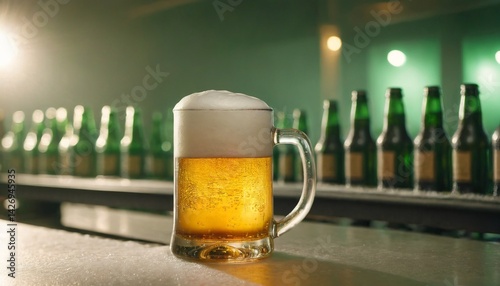 Obraz na płótnie Cold beer in glass on counter desk pub., a lots of bottles in the background. Generated AI w salonie