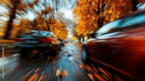 Obraz na płótnie blurred view of city road in autumn and cars w salonie