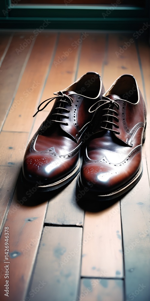 Used male leather shoes on wooden floor.