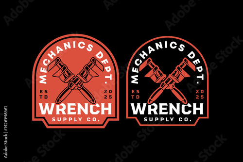 agricultural wrench, wrench, monkey wrench crossed retro vintage badge logo vector design collection set for mechanic, craftsman, handyman, garage, workshop, engineer, industrial