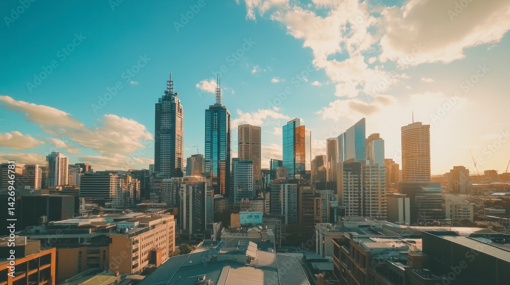 Fototapeta premium Melbourne Skyline: Golden Hour Cityscape in a Serene Style