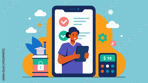 A financial planning app icon sits on a students phone screen as they use it to track their expenses and make adjustments to their budget as needed.. Vector illustration