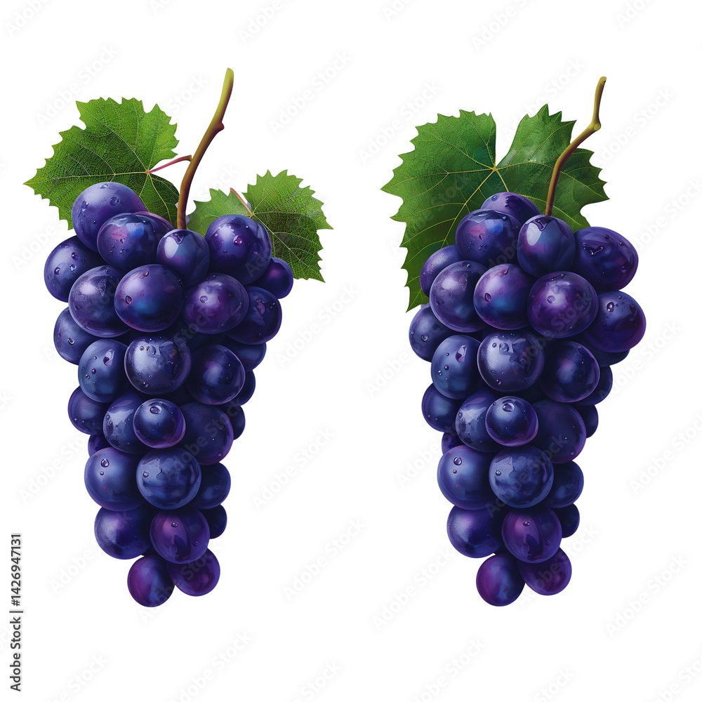 Fototapeta premium Fresh wet black grapes with dew and green leaves isolated on white background – high-resolution realistic fruit photography for food and product design