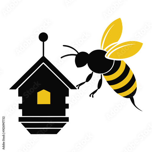 Black Outline of Bee Flying to Hive Vector
