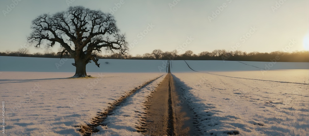 Landscape with old oak tree and path trail in snow covered field.