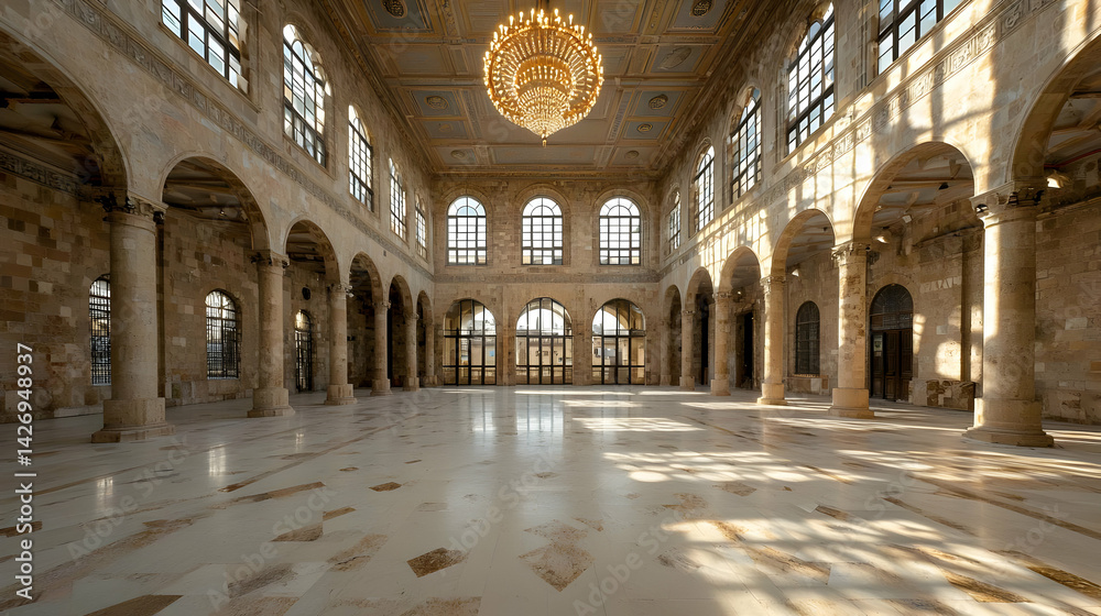 Fototapeta premium Grand Empty Hall With Beige Marble Floor And Stone Columns