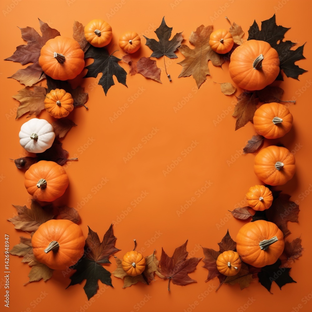 Halloween Flat Lay with Pumpkins, and Autumn Leaves on Orange Background.