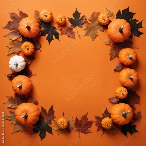 Obraz na płótnie Halloween Flat Lay with Pumpkins, and Autumn Leaves on Orange Background. w salonie