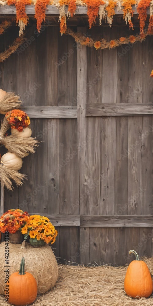 Autumn-Themed Background Backdrop Fall Flowers, Pumpkins, Gourds, Hay Bales,