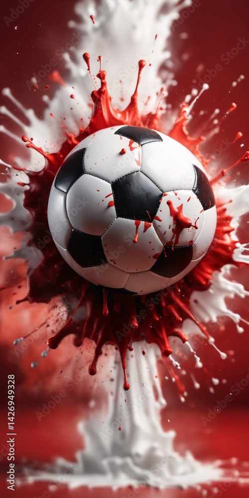Soccer Ball on Red Explosive Background l concept of a soccer ball with splashes, copy space ,banner