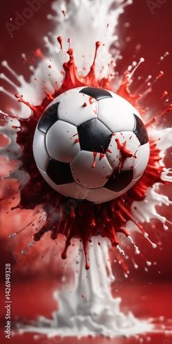 Obraz na płótnie Soccer Ball on Red Explosive Background l concept of a soccer ball with splashes, copy space ,banner w salonie
