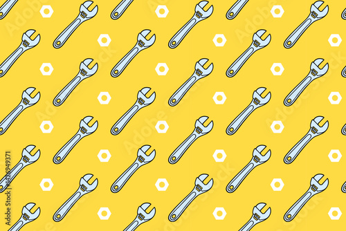 adjustable wrench with nut colorful pattern on yellow background. doodle monkey wrench with fastener symbol seamless pattern background. wrench seamless pattern for industrial, workshop merchandise