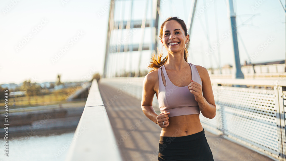 Fototapeta premium Woman Jogging on Bridge with a Bright Smile During Sunset