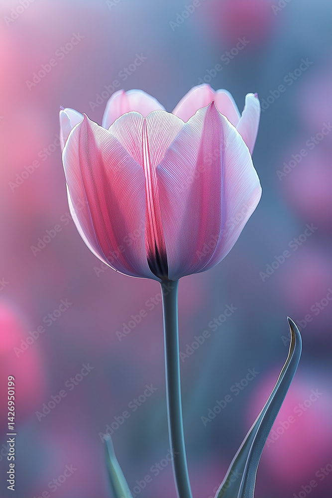 Vibrantly colored tulip flowers in the spring, on a pastel,
soft color, blurred background.