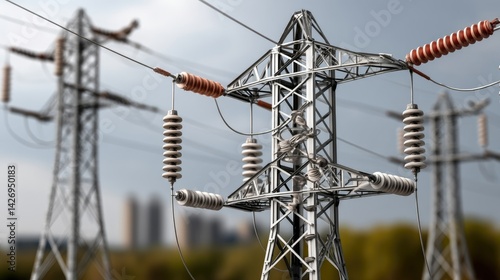 The towering electric power transmission structures stand in stark contrast against the city skyline, set beneath a cloudy afternoon sky