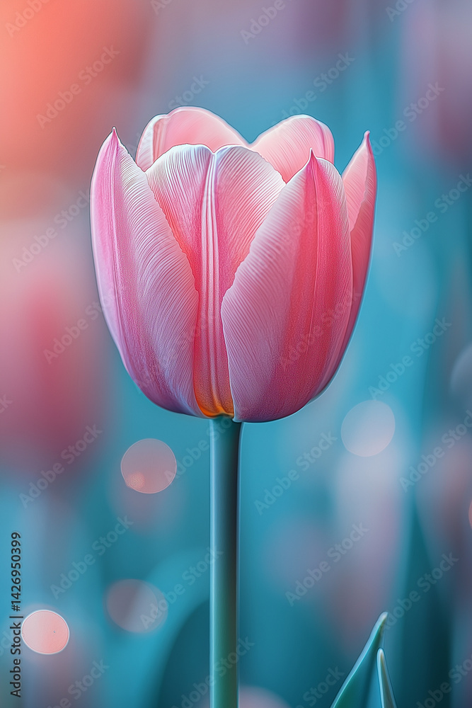 Vibrantly colored tulip flowers in the spring, on a pastel,
soft color, blurred background.