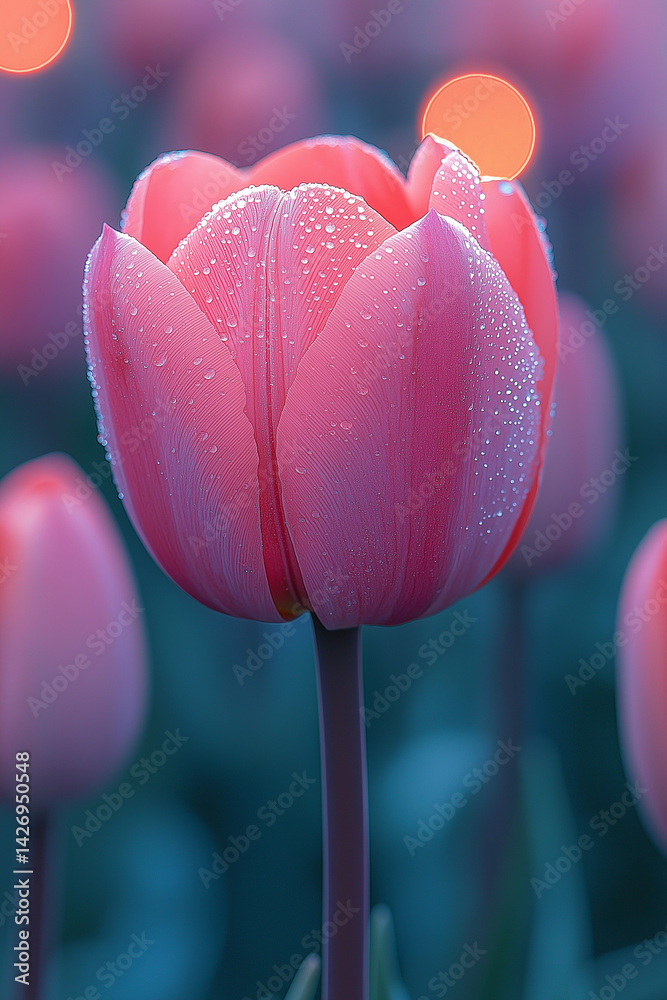 Vibrantly colored tulip flowers in the spring, on a pastel,
soft color, blurred background.