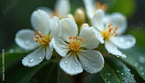 Close-up photo of delicate white flowers covered in water droplets after rain. Focus on pistils, petals, drops on the leaves, stems against blurred green background. Freshness, natural beauty.