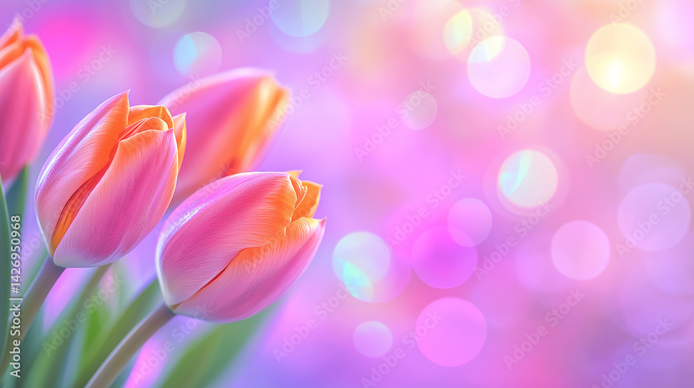 Vibrantly colored tulip flowers in the spring, on a pastel,
soft color, blurred background.