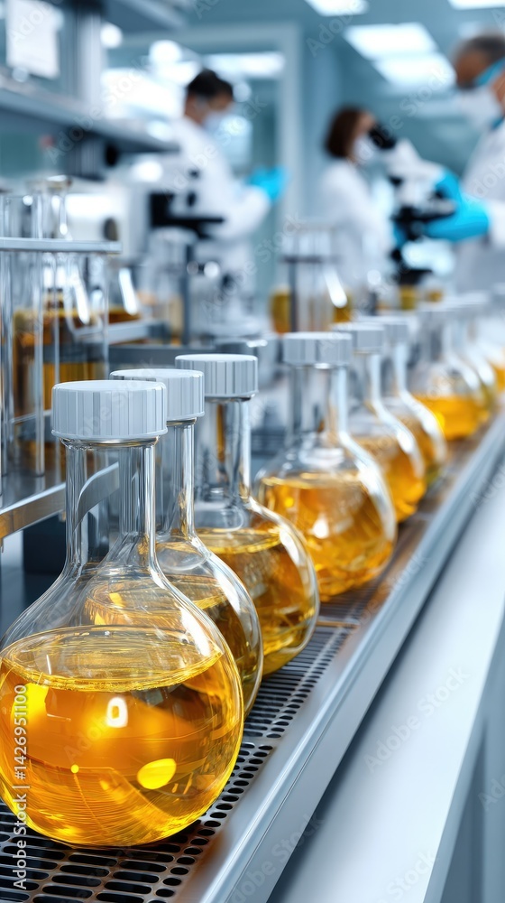 Laboratory table filled with vials of orange liquid during a scientific experiment in a modern research facility Laboratory table filled with vials of orange liquid during a scientific experiment in a modern research facility