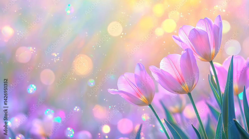 Vibrantly colored tulip flowers in the spring, on a pastel,
soft color, blurred background.