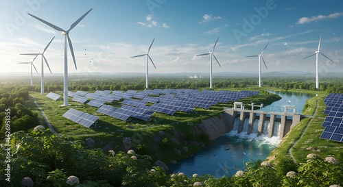 Sustainable Energy Solar Panels Wind Turbines Hydropower Dam