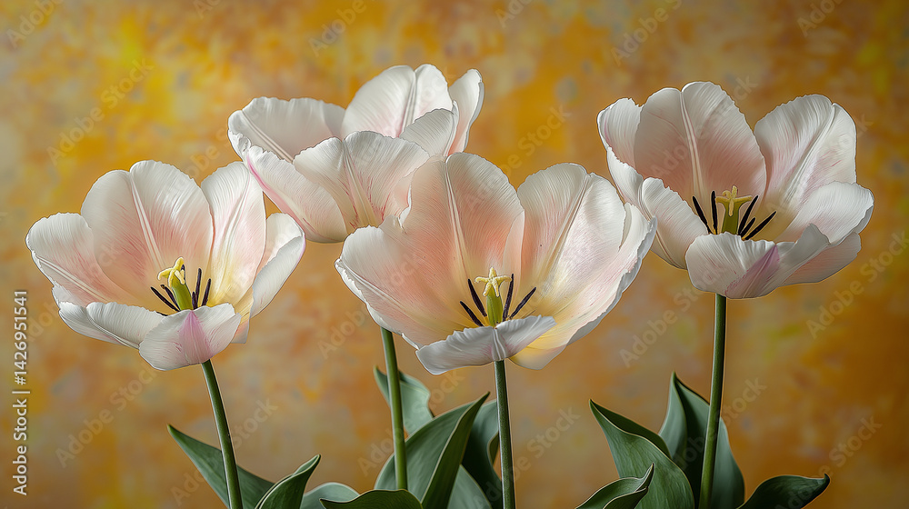 Vibrantly colored tulip flowers in the spring, on a pastel,
soft color, blurred background.
