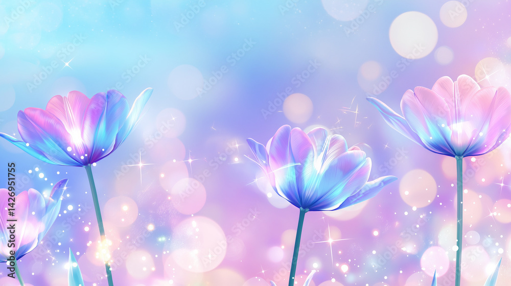 Vibrantly colored tulip flowers in the spring, on a pastel,
soft color, blurred background.