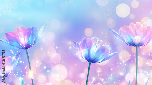 Vibrantly colored tulip flowers in the spring, on a pastel, 
 soft color, blurred background. 