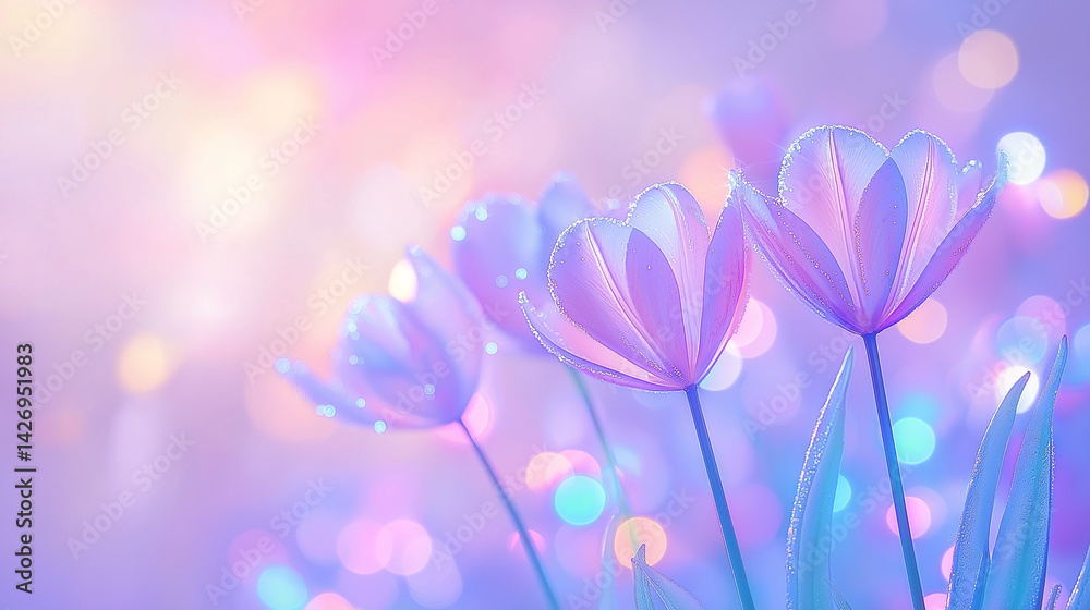 Vibrantly colored tulip flowers in the spring, on a pastel,
soft color, blurred background.