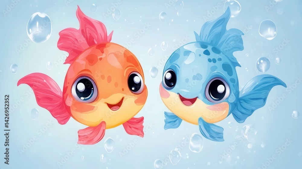 Obraz premium An illustration features two adorable baby puffer fish swimming among vibrant coral reefs.